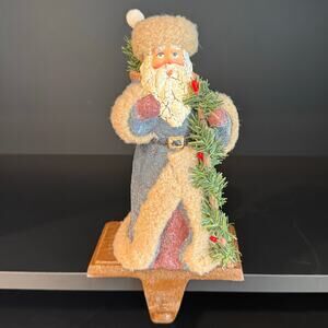 Vintage Santa Stocking Hanger w/ Crackled Aged Finish and Faux Fur Accents, 8”H